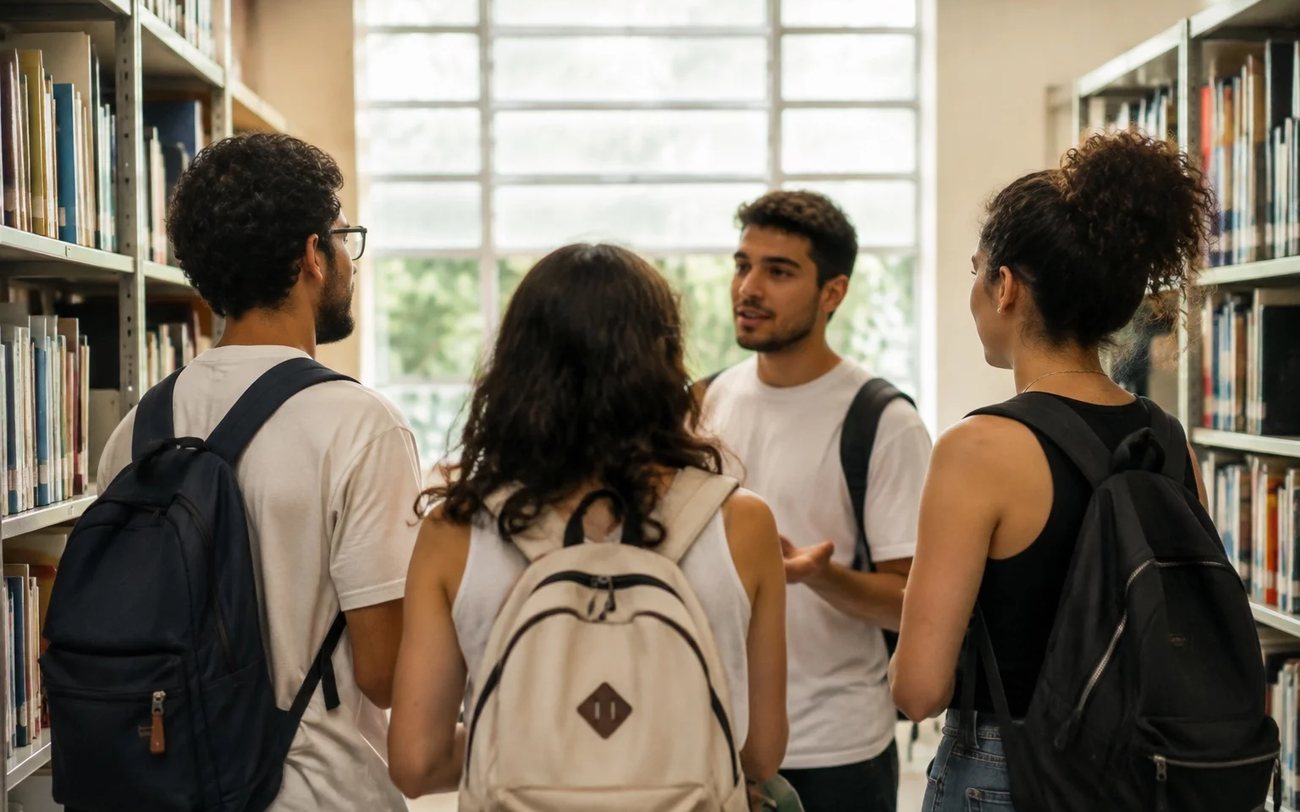 Grupo de pé entre prateleiras de livros, conversando sobre um tema de debate