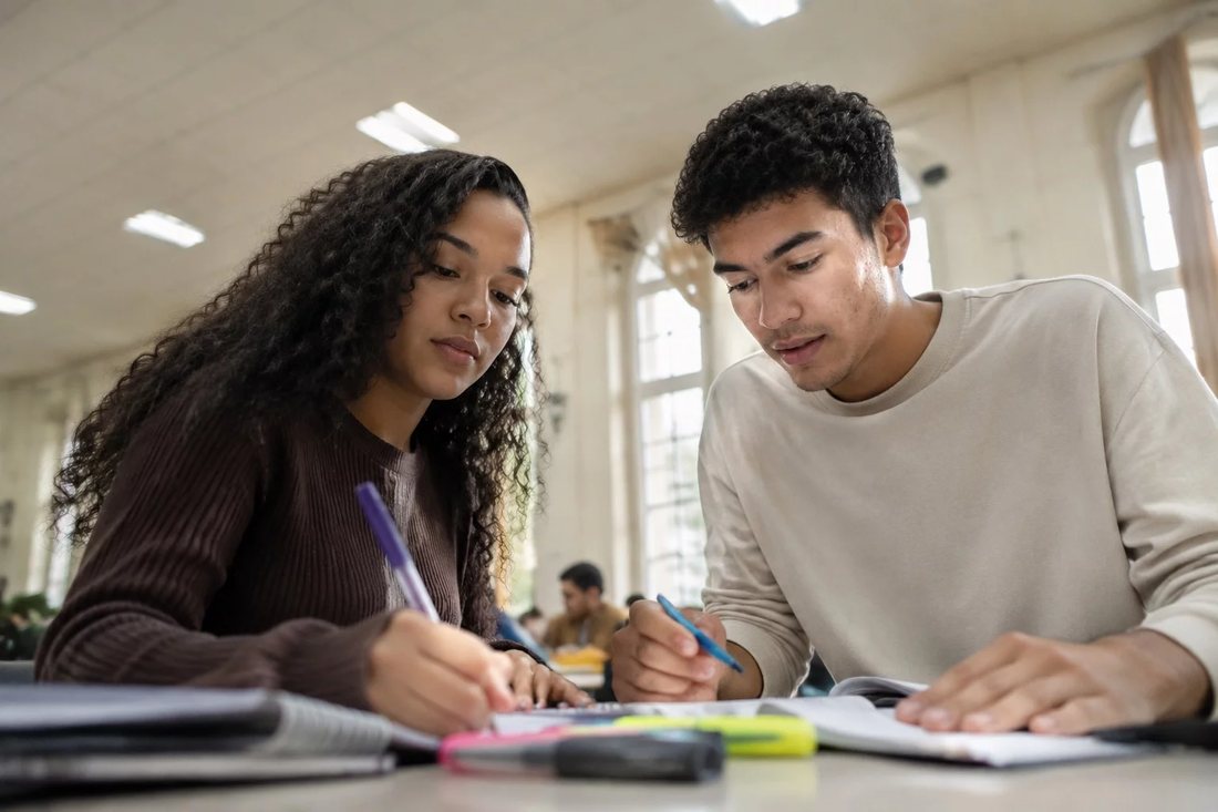 Estudantes de mochila trocando ideias no corredor de uma universidade